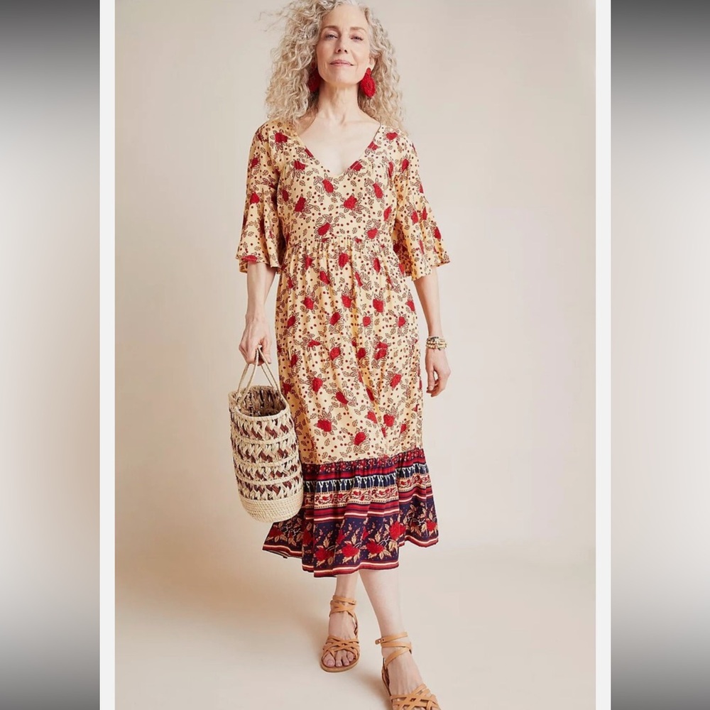 Faithful the Brand X Anthropolgie Melia Midi Boho Floral Print Dress Size 8